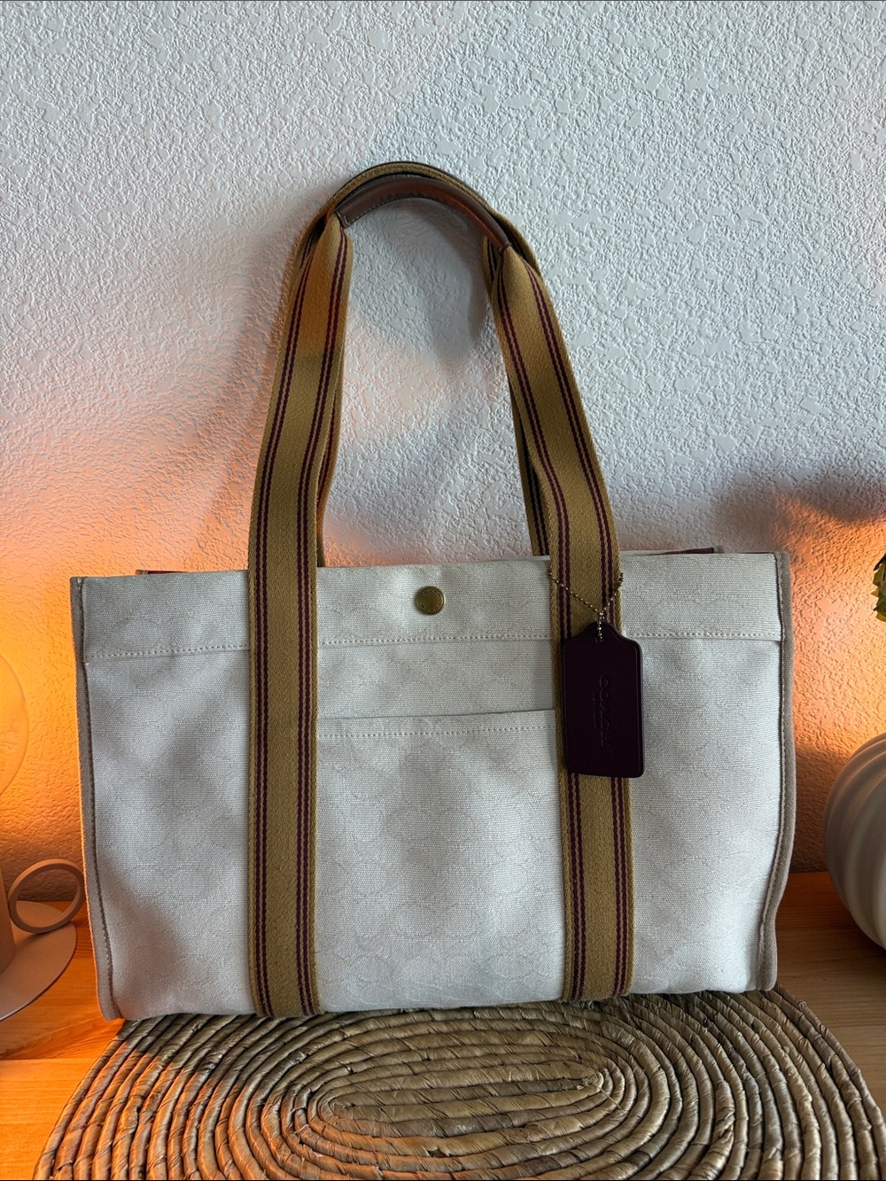 Coach Cream Canvas Tote with Stripe Webbing Handles